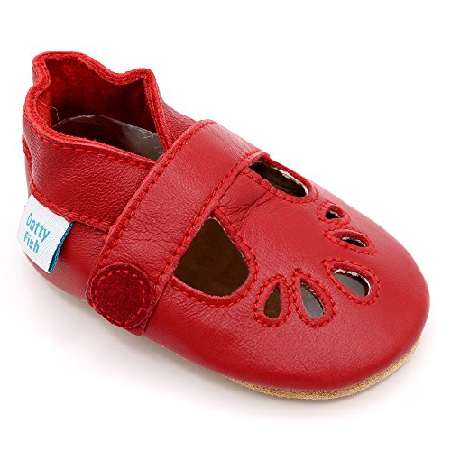 Dotty Fish weiche Leder Babyschuhe mit rutschfesten Wildledersohlen. Klassische T-Bar Schuhe für Mädchen rot. 18-24 Monate (23 EU)
