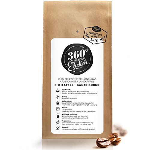 360° Premium Bio Kaffeebohnen, 100% Honduras Hochland Arabica – Köstlich, sehr säurearm - Bio Kaffee ganze Bohnen, Testsieger - Ideal als Kaffeebohnen Vollautomat - 360° rundum ehrlich 250g