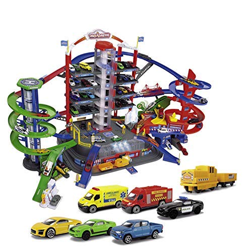 Majorette Super City Garage, motorisierte Bahn für Modellautos mit Parkplätzen und Eisenbahn, Parkhaus für Die-cast Autos, Spielzeug als Geschenk für Jungen und Mädchen, ab 5 Jahren, mehrfarbig