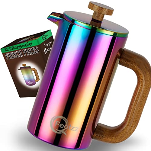 QFeelzz French Press – Edelstahl Kaffeebereiter mit Holzelementen – Thermo Kaffeepresse [Regenbogen-Design] inkl. Ersatzfilter (600ml) – Hochwertiger Kaffeezubereiter für unterwegs