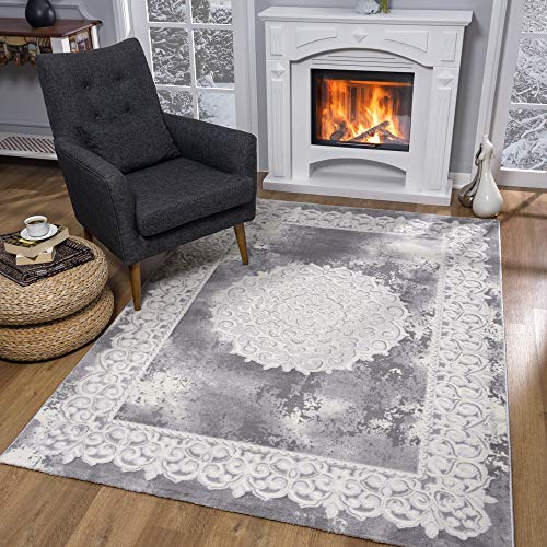 SANAT Teppiche für Wohnzimmer - Teppich Grau, Kurzflor Orientteppich, Öko-Tex 100 Zertifiziert, Größe: 120x160 cm