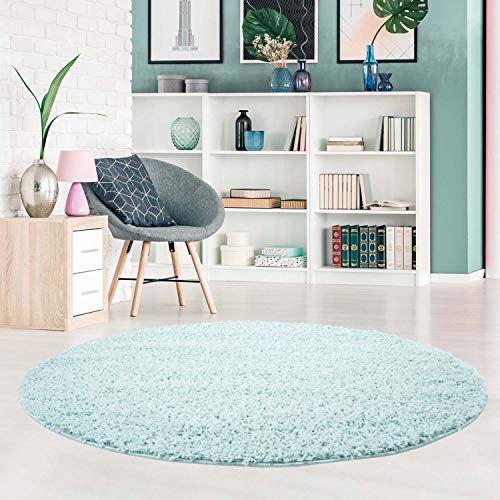 carpet city Shaggy Teppich Hochflor Langflor Pastell Einfarbig Uni Modern in Türkis für Wohnzimmer; Größe: 80x80 cm Rund
