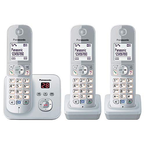 PanasonicKX-TG6823GS DECT Schnurlostelefon mit Anrufbeantworter (3 Mobilteile, strahlungsarm, Eco-Modus, GAP Telefon, Festnetz) perl-silber