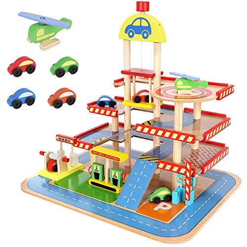 3-Ebene Parkplatz Spielzeug Parkhaus Spielset Auto Garage aus Holz mit Zubehör DREI Ebenen mit Autos und Hubschrauber 9351