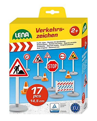 Lena 04440 - Verkehrszeichen Set mit 17 Teilen, mit 9 Verkehrsschilder ca. 16 cm, 5 Pylonen und 3 Bauzäunen, optimal für Lena Spielfahrzeuge Truxx, Worxx, Truckies, EcoAktives, Aktive und andere