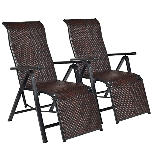 COSTWAY Sonnenliege 2er Set, aus Rattan, klappbarer Liegestuhl mit verstellbaren Hochlehner, ergonomische Gartenliege Relaxliege mit Armlehne, atmungsaktive Klappliege für Garten Terrasse Balkon