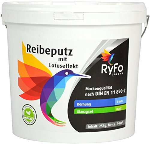 RyFo Colors Reibeputz mit Lotuseffekt 3mm 25kg - Fassadenputz, Oberputz, Edelputz, Strukturputz, Fertigputz weiß für außen, Silikonharz, witterungsbeständig, weitere Körnungen und Optiken wählbar