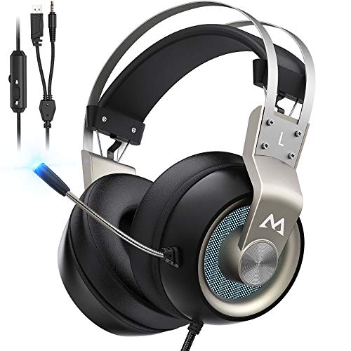 Mpow EG3 Pro Gaming Headset für PS4/PS5/PC/Xbox One/Mac/Switch, Virtual 7.1 Surround Sound, 3.5mm USB Over-Ear Kopfhörer mit Noise Cancelling Mikrofon, LED-Licht (Silber)