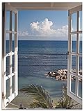 ARTland Wandbild Alu Verbundplatte für Innen & Outdoor Bild 60x80 cm Fensterblick Fenster zum Paradies Strand Meer Maritim Palmen Landschaft T9II