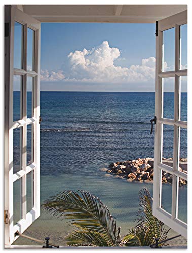 ARTland Wandbild Alu Verbundplatte für Innen & Outdoor Bild 60x80 cm Fensterblick Fenster zum Paradies Strand Meer Maritim Palmen Landschaft T9II