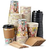 MATANA - 80 Kaffeebecher to Go (Groß 360ml), Coffee Pappbecher mit Deckel, Karton-Hitzeschutz & Holzrührer - Stabil & Praktisch (Klassisches Comic-Design)