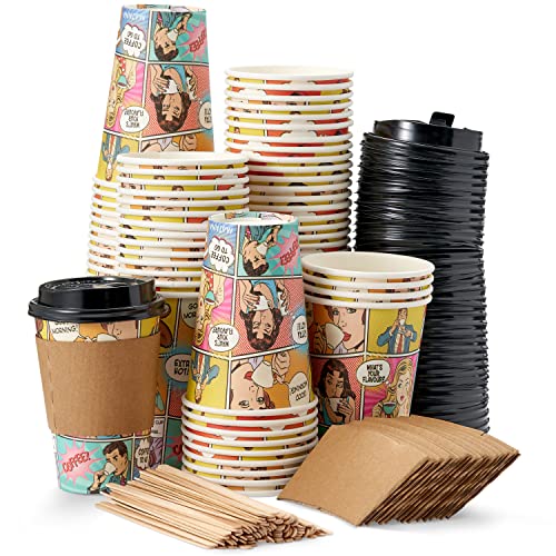 MATANA - 80 Kaffeebecher to Go (Groß 360ml), Coffee Pappbecher mit Deckel, Karton-Hitzeschutz & Holzrührer - Stabil & Praktisch (Klassisches Comic-Design)