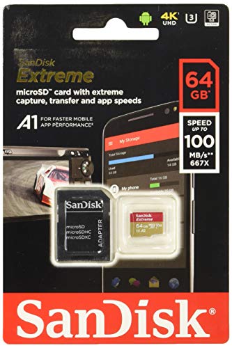 SanDisk Extreme 64 GB microSDXC Speicherkarte + SD-Adapter bis zu 100 MB/Sek, Gold/Rot, Class 10, U3, V30, A1