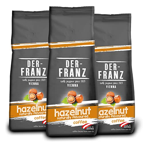 Der-Franz Kaffee, Mischung aus Arabica und Robusta, geröstet, ganze Bohne aromatisiert mit natürlicher Haselnuss UTZ, 3 x 500 g