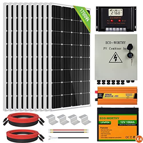 ECO-WORTHY 6,8 kWh Solarsystem 1700W 24V mit Wechselrichter und Batterie netzunabhängig für Wohnmobil: 10 Stücke 170W Solarmodul + 60A Laderegler + 4 Stücke 100Ah Lithiumbatterie+ 3000W Wechselrichter