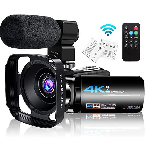 4K Videokamera Camcorder mit Mikrofon, WiFi IR Nachtsicht, Vlogging Kamera für YouTube Live-Streaming, Ultra HD 48MP 16X Digitalzoom,3.0 Inch Touchscreen Fernbedienung Gegenlichtblende 2 Batterien