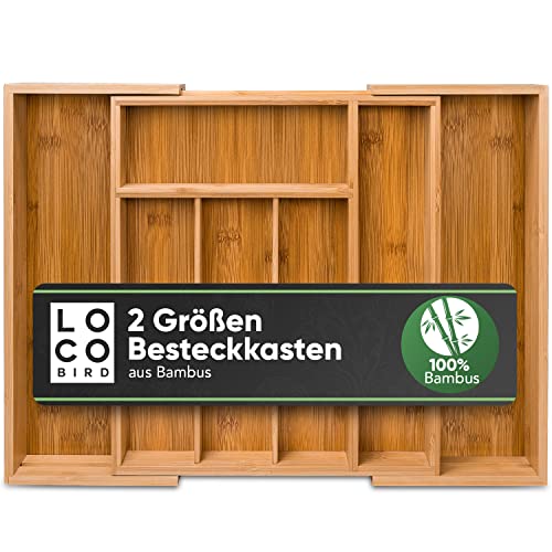 Sidorenko Loco Bird Besteckkasten für Schubladen aus Bambus – Ausziehbar bis zu 5-7 Fächern - 29 x 33cm / 45,5 x 33cm - Besteckeinsatz für Küchen & Wohnmobile - Schubladeneinsatz für Küchenschubladen