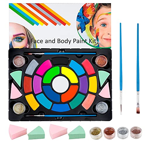 FLYISH DIRECT Kinderschminke Set Gesichts-und Körperfarben für Schminke für Kinder und Erwachsene, 19 Schminkfarben (8 Schimmernde Farben), 4 Glitterpuder und 2 Pinsel und 4 Schwämme