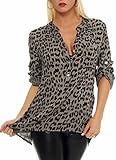 Malito – Unisize Damen Bluse mit Leopardenmuster & ¾ Ärmeln – Animal Print Tunika mit Leo Muster – Elegante Oversize Schlupfbluse 36702 (Fango | Größe 34-42)