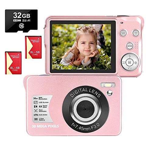 Digitalkamera 2,7 Zoll 1080P 30 Megapixel HD Fotoapparat Digitalkamera Wiederaufladbare Fotokamera mit 8-Fach Zoom-Kompaktkamera Mit 32 GB SD-Karte und 2 Batterien (Rosa)