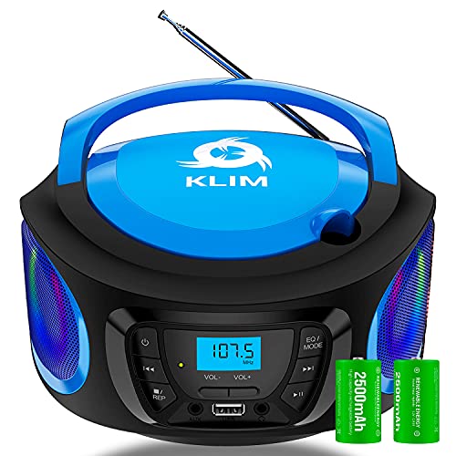 KLIM Boombox Radio mit CD Player. FM-Radio, CD Player, Bluetooth, MP3, USB, AUX + Inklusive wiederaufladbaren Akkus + Kabelgebundene und kabellose Modi + Kompakt und robust + Neue 2022 + Blau