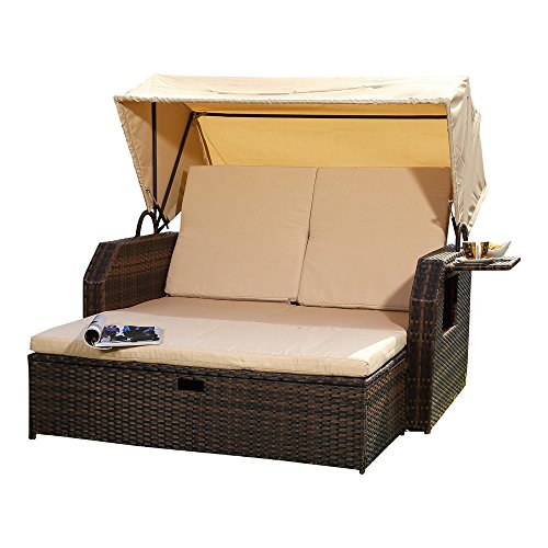 Melko Sonnenbett/Strandkorb/Lounge aus Polyrattan, Braun, inkl. klappbaren Seitentisch +verstellerbarer Rückenlehne + Faltbare Sonnenschutzdach