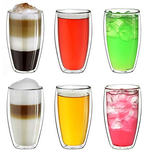 Creano doppelwandiges Thermoglas 400ml „DG-SH“, großes Doppelwandglas aus Borosilikatglas, doppelwandige Latte Macchiato Gläser, Kaffee, Tee, 6er Set