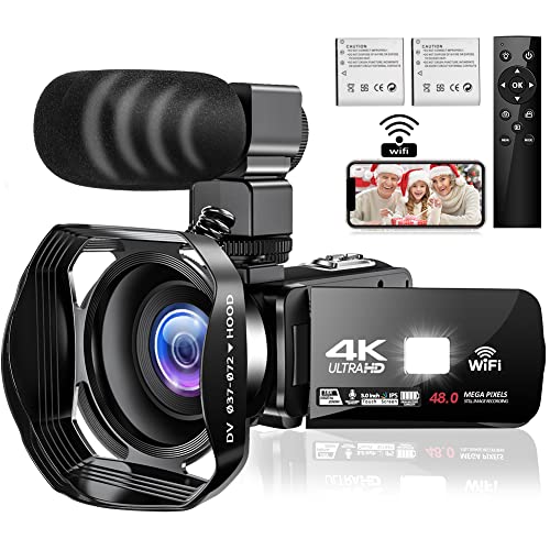 Camcorder 4K Videokamera 48MP 60FPS WiFi Camcorder 18X Digital Zoom mit IR Night Version Vlogging Kamera 3.0'IPS Touchscreen mit Mikrofon, Gegenlichtblende, 360°Funkfernbedienung