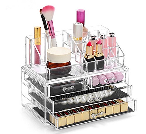 display4top Schmuck Aufbewahrungsbox Acryl Cosmetics Lipsticks Make-up-Organizer Halter Box (4 Schubladen transparent)