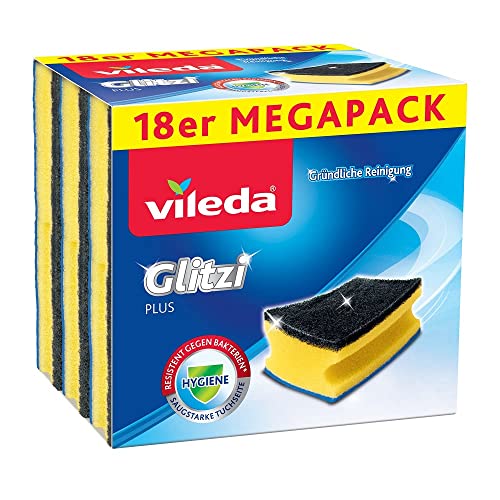 Vileda Glitzi Plus Topfreiniger, Spülschwamm für die Küche, Schwamm mit antibakterieller Wirkung, saugstark, 18er Pack