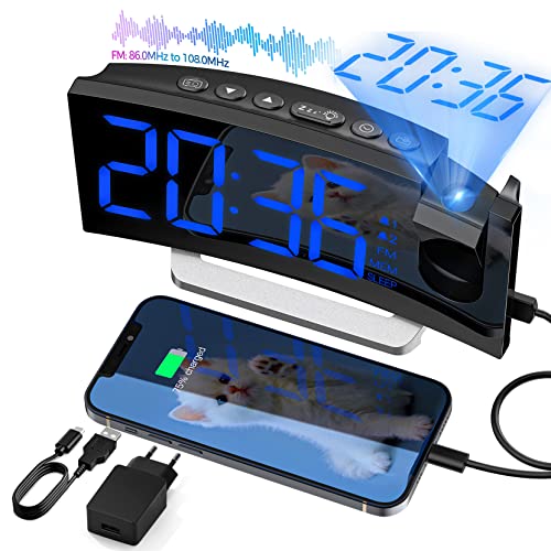 Radiowecker,Digital Wecker mit Projektion 180°,Projektionswecker mit USB-Ladeanschluss,0-100 % Dimmer,30 FM Radio & Sleep-Timer, 5 Sounds Einstellbare Lautstärke,Nachttischuhr für Schlafzimmer, Snooze