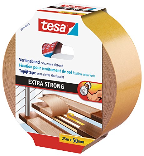 tesa Verlegeband extra stark klebend - Doppelseitiges Klebeband zum Verlegen von Teppich und PVC-Belag - doppelseitig klebend - 25 m x 50 mm