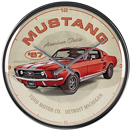 Nostalgic-Art Retro Wanduhr, Ford Mustang - GT 1967 Red – Geschenk-Idee für Auto Zubehör Fans, Große Küchenuhr, Vintage-Design zur Dekoration, Ø 31 cm