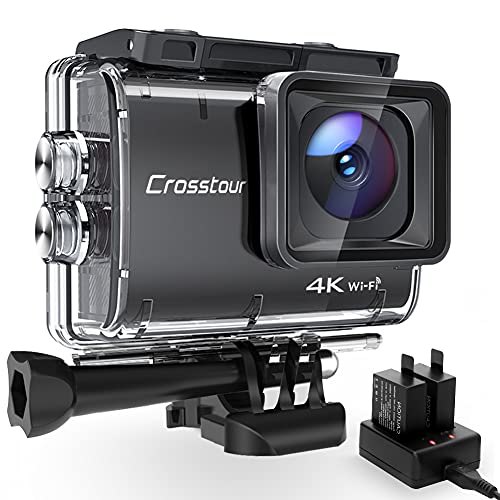 Action Cam 4K, Crosstour CT9500 Unterwasserkamera, WiFi Helmkamera 40M Wasserdicht EIS 2X1350mAh Akkus und Akkuladegerät