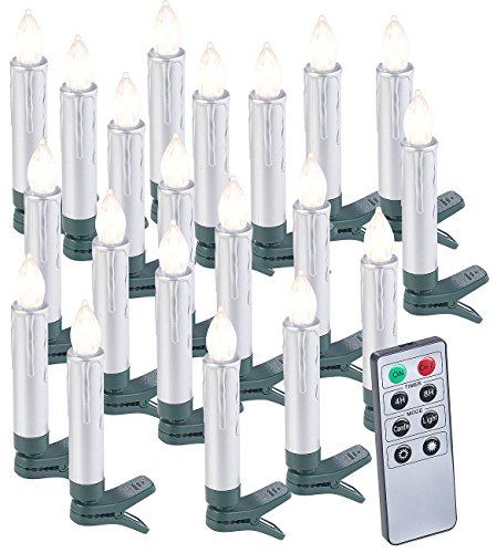 Lunartec LED Kerzen kabellos: 20er-Set LED-Weihnachtsbaumkerzen mit Fernbedienung und Timer, Silber (LED Tannenbaum Kerzen kabellos)