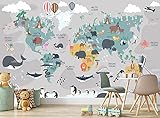 Weltkarte mit Tieren Wandbild Kinder Tapete Cartoon Kontinent Ozean Geographie B 366cm x H 254cm Wanddeko Bild Riesen Papier Poster Kinder Schlafzimmer