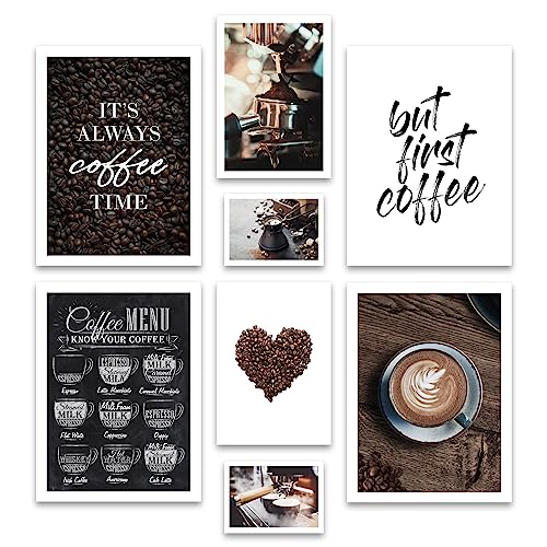 ARTFAVES® Poster Set - COFFEE LOVE | Wanddeko Wohnzimmer & Küche & Esszimmer | 8 moderne Wandbilder | Bilder Kaffee Deko, Espresso, Coffee time | ohne Bilderrahmen