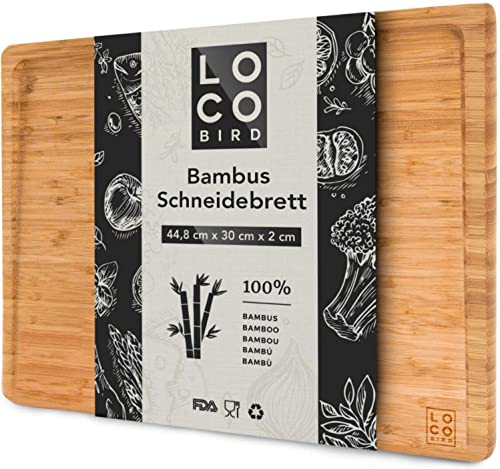 Loco Bird Schneidebrett mit Saftrille - 44,8x30x2 cm - großes Holzbrett aus Bambus für die Küche - Beidseitiges Holzschneidebrett - Cutting board