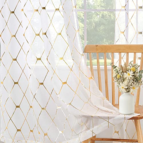 Joywell Weiß und Gold Voile Vorhänge 132x215 cm 2er Set-Strukturierte weiße Vorhänge Gardinen Raute transparente Privatsphäre Glitter, dekorative Voile Vorhänge für Wohnzimmer Schlafzimmer