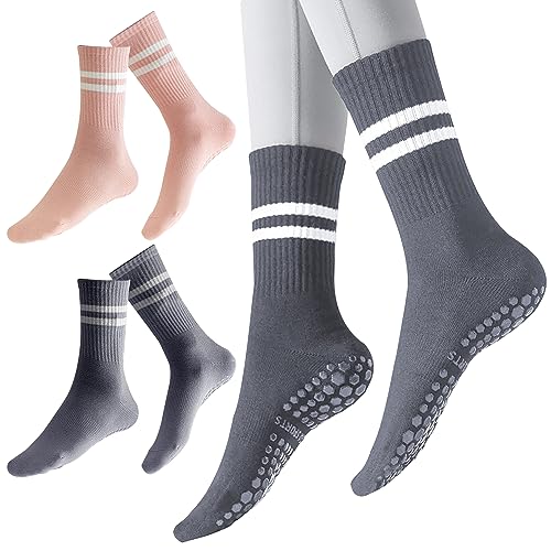 REEKNOKOL 2 Paar Yoga-Socken mit Griffen, rutschfeste Pilates-Socken, lange Griffsocken für Damen und Mädchen, Zuhause, Fitnessstudio, Sport, Workout, Fitness (Rosa und Grau)