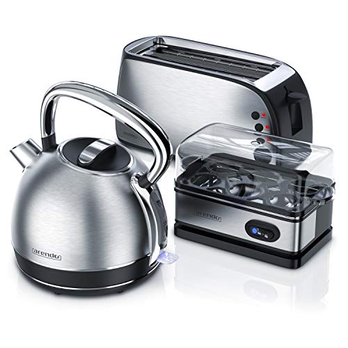Arendo Edelstahl Wasserkocher + 4-Scheiben Toaster inkl. Brötchenaufsatz +Eierkocher für 1-6 Eier