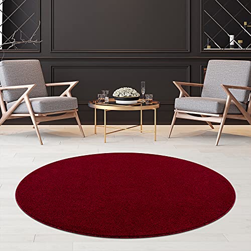 Fashion4Home Teppich Wohnzimmer – Einfarbig Teppich, Uni Teppich fürs Kinderzimmer, Schlafzimmer, Arbeitszimmer, Büro, Flur und Küche - Kurzflor Teppich Rot, Größe: 120 cm Rund