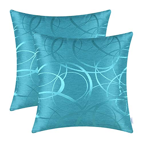 CaliTime Kissenbezüge Kissenhülle Packung mit 2 Schalen für Couch Sofa Heimdekoration modern glänzend und matt Kontrast Kreise Ringe geometrisch 45cm x 45cm Seeblau