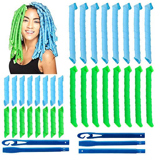 32Pcs Magic Spiral Lockenwickler Set Haarstyling-Werkzeuge Keine Hitze Flexible DIY-Lockenwickler mit Styling-Haken für Mädchen (grün und blau, 30 cm / 55 cm)