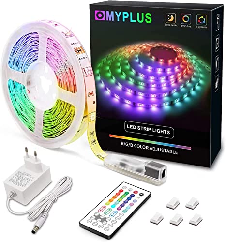 MYPLUS LED Streifen, RGB Led Strips 5M mit IR-Fernbedienung und 24V Stromversorgung, Farbwechsel SMD 5050 Farbänderung Led-Band für Zuhause, Schlafzimmer,TV,Decke,Schrankdeko
