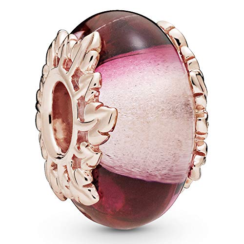 Pandora Rosafarbenes Murano-Glas & Blätter Charm in Roségold-Rosa mit 14 Karat rosévergoldete Metalllegierung aus der Pandora Moment Collection