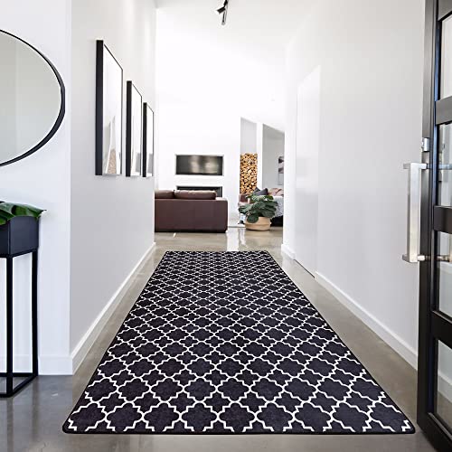 Miqna Wohnzimmer Teppich Kurzflor Moderne geometrische rutschfeste Küchenteppich Flur Teppich Gel Läufer schwarz weiß (schwarz, 80 x 300 cm)