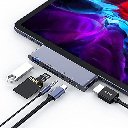 USB C Hub für iPad Pro 2020, 6-in-1 Typ C zu HDMI 4K Adapter, 60W PD Ladeanschluss, USB 3.0-Anschluss, SD/TF-Kartenleser, 3,5mm Buchsenanschluss, USB C Adapter Kompatibel mit iPad Pro und MacBook Pro