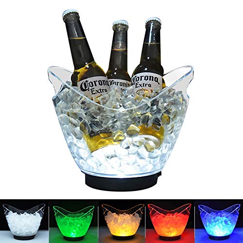 DUKWIN LED-Eiskübel aus transparentem Acryl, 3 Liter, mit Farbwechsel, für Champagner, Wein, Getränke, Bierflaschen, 4 große Flaschen Bedürfnisse 2 AA-Batterien （enthält keine Batterien)