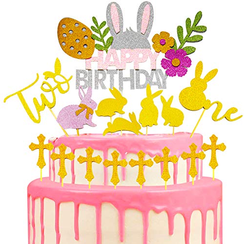 BESLIME Happy Birthday Cake Pie Topper, Glitter Easter Cake Topper, Cake Decor for Easter